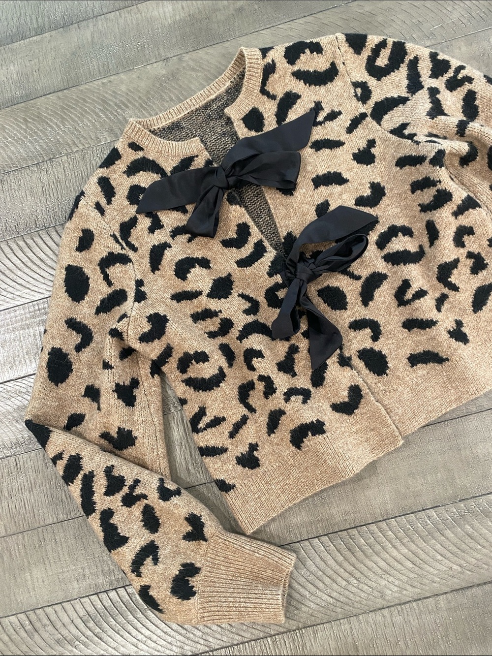 Commense Beige and Black Leopard Bow-Front Cardigan